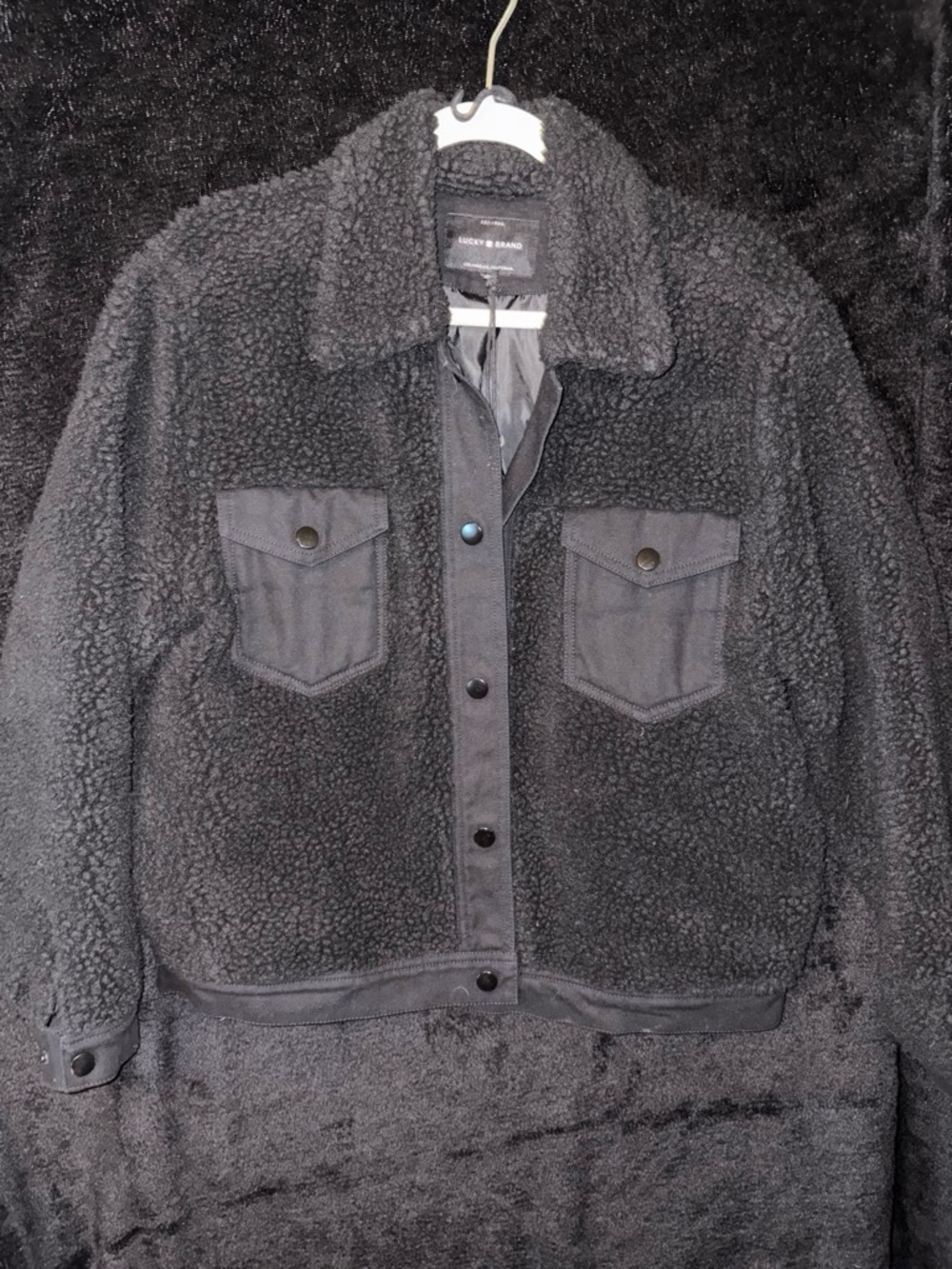 Lucky Brand Faux Shearling Sherpa Trucker Jacket M Black Cozy Western Casual EUC